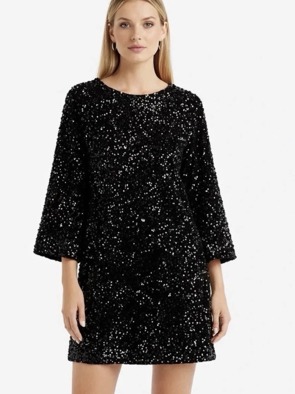 H&M Black Sequin 3/4 Sleeve Shift Mini Dress Sz M